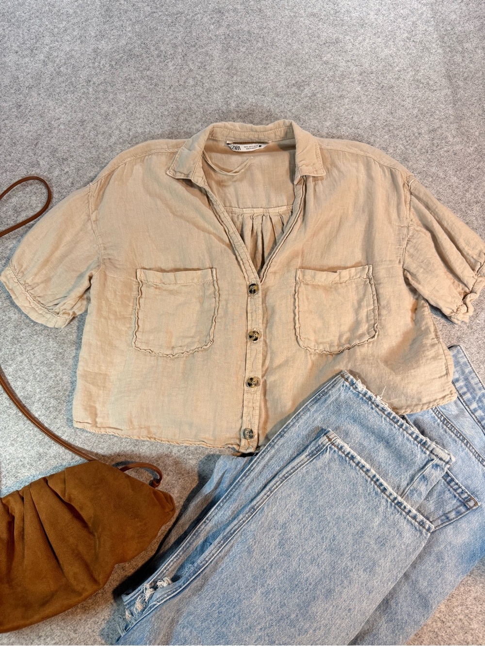 Zara Linen Blend Cropped Button Front Shirt Beige Short Sleeve Pocket Top Size S